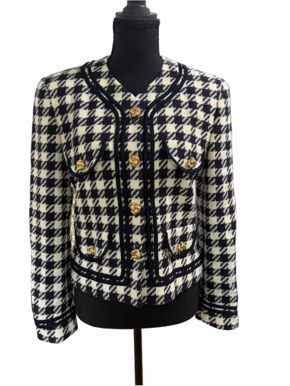 Escada Margaretha Ley Houndstooth Wool Jacket w/ Knot Buttons Sz 34